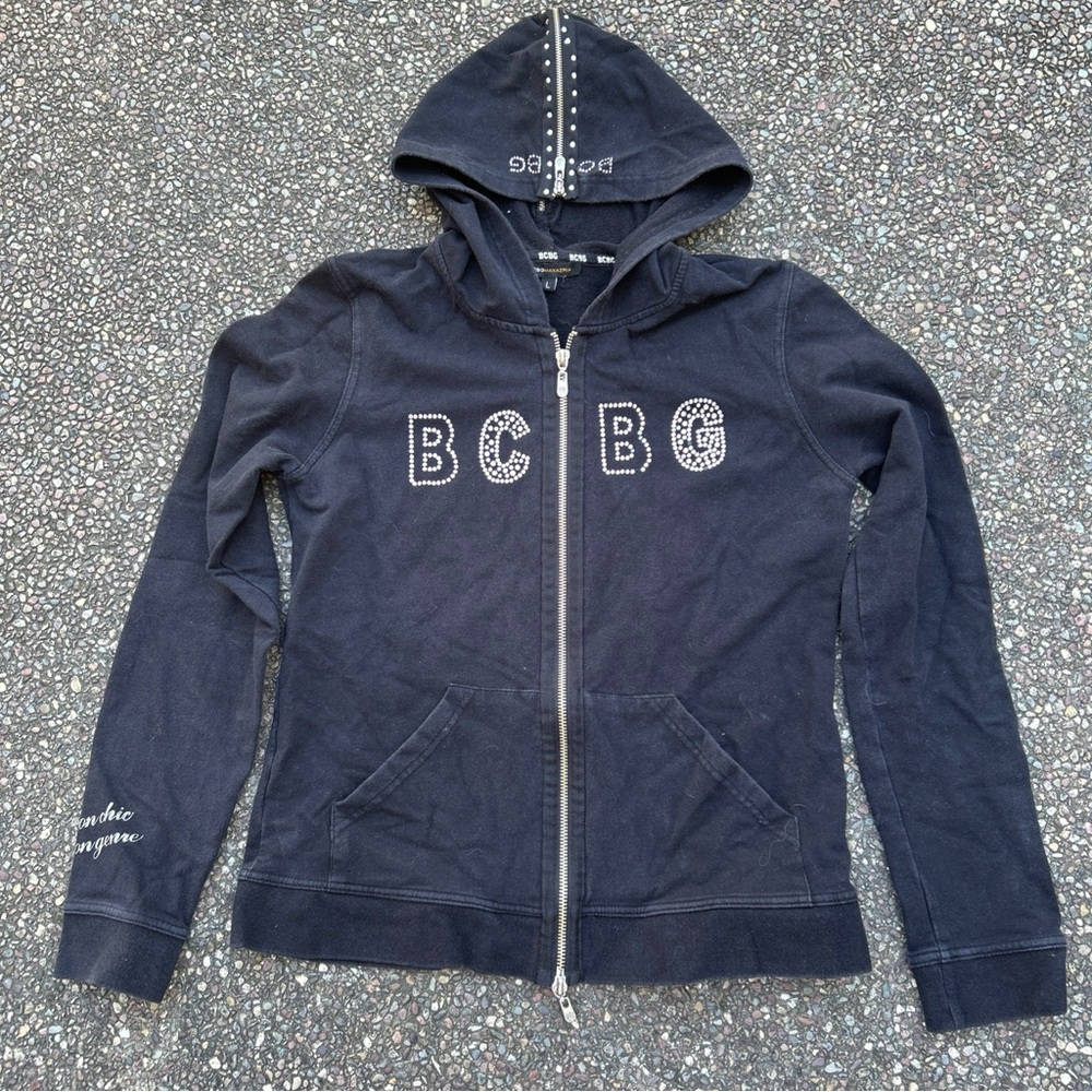 Y2K BCBG Full Zip Black Jacket Womens Large Rhinestone Bling Long Sleeve Hoodie